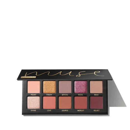 Vieve Makeup palette with various colors and 'muse' branding on a white background