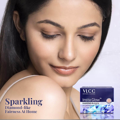 VLCC Insta Glow Diamond Bleach on display with radiant model showcasing luminous skin at home.