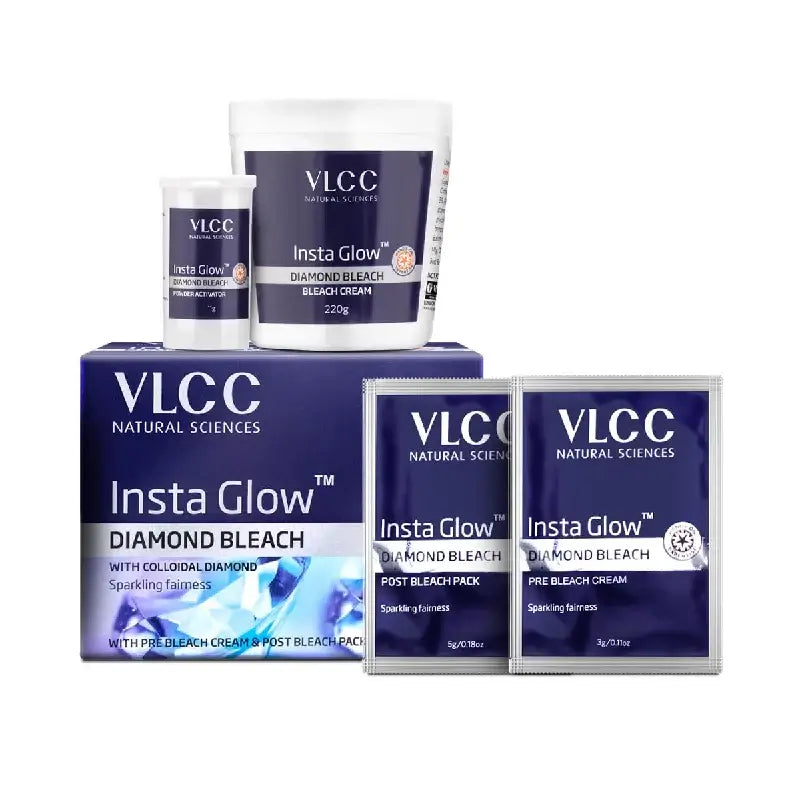 VLCC Insta Glow Diamond Bleach packaging including cream, pre and post bleach packs for radiant skin.