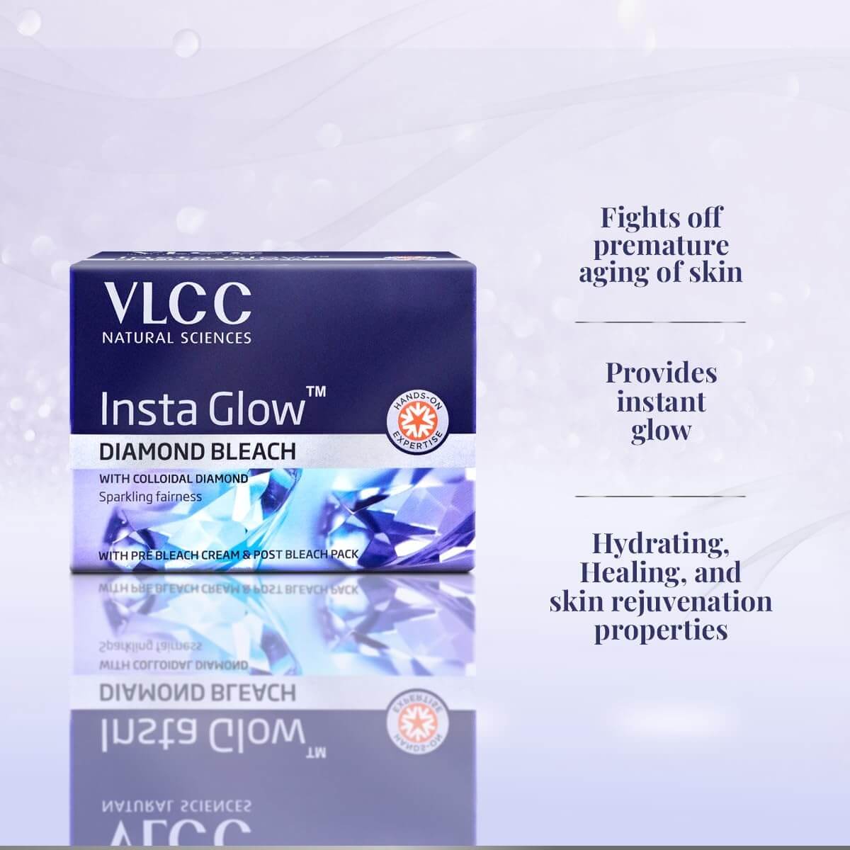 VLCC Insta Glow Diamond Bleach box with diamond benefits, promotes skin radiance and rejuvenation.