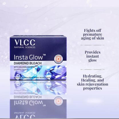 VLCC Insta Glow Diamond Bleach box with diamond benefits, promotes skin radiance and rejuvenation.