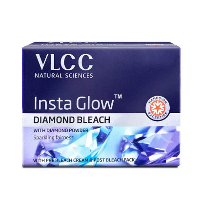 VLCC Insta Glow Diamond Bleach package showcasing diamond powder for sparkling fairness and skin enhancement.
