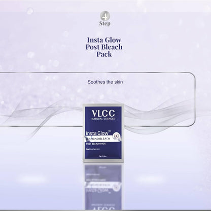 VLCC Insta Glow Post Bleach Pack soothing skin care product displayed with an elegant design.