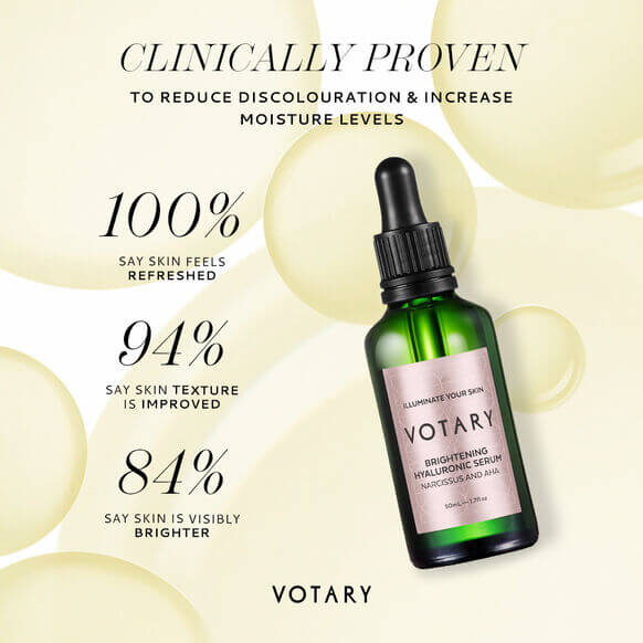 Votary Brightening Hyaluronic Serum 50ml in green bottle with claims of improved skin texture and brightness.