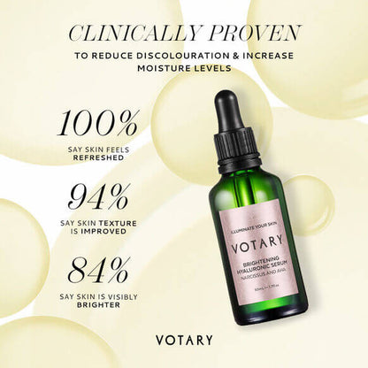 Votary Brightening Hyaluronic Serum 50ml in green bottle with claims of improved skin texture and brightness.