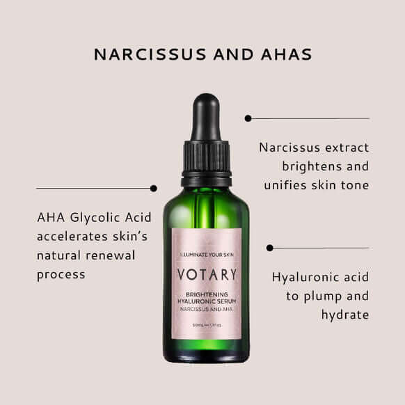 Votary Brightening Hyaluronic Serum 50ml with Narcissus extract and AHAs for glowing skin and hydration.