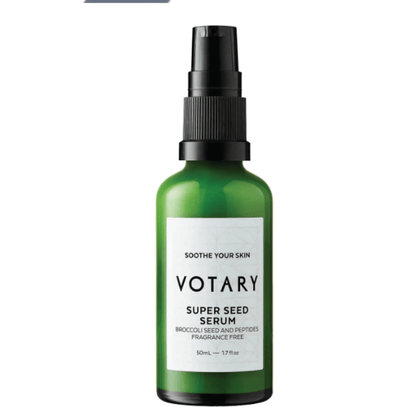 Votary Super Seed Serum with broccoli seed and peptides for soothing sensitive skin, 50ml bottle.