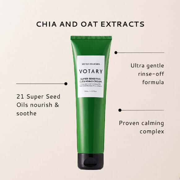 VOTARY Super Sensitive Cleansing Cream tube with chia and oat extracts, ultra-gentle rinse-off formula for sensitive skin.