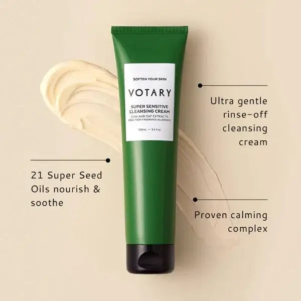 VOTARY Super Sensitive Cleansing Cream tube with creamy texture, designed for ultra-gentle cleansing and soothing sensitive skin.