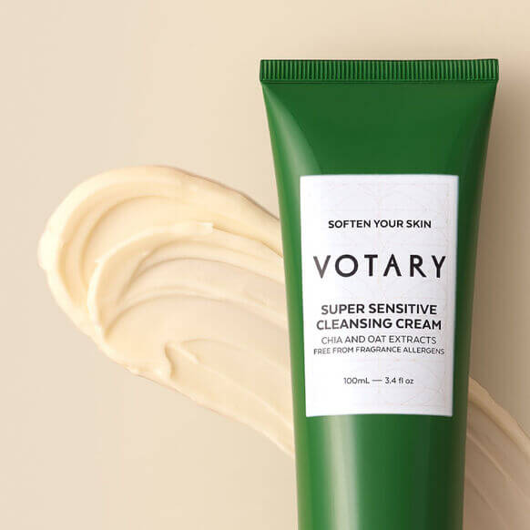 VOTARY Super Sensitive Cleansing Cream tube with creamy texture, designed for gentle care of sensitive skin, 100ml.