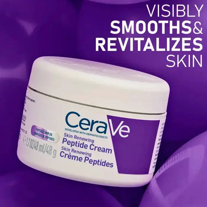 CeraVe Skin Renewing Peptide Cream jar on purple background with text visibly smooths and revitalizes skin
