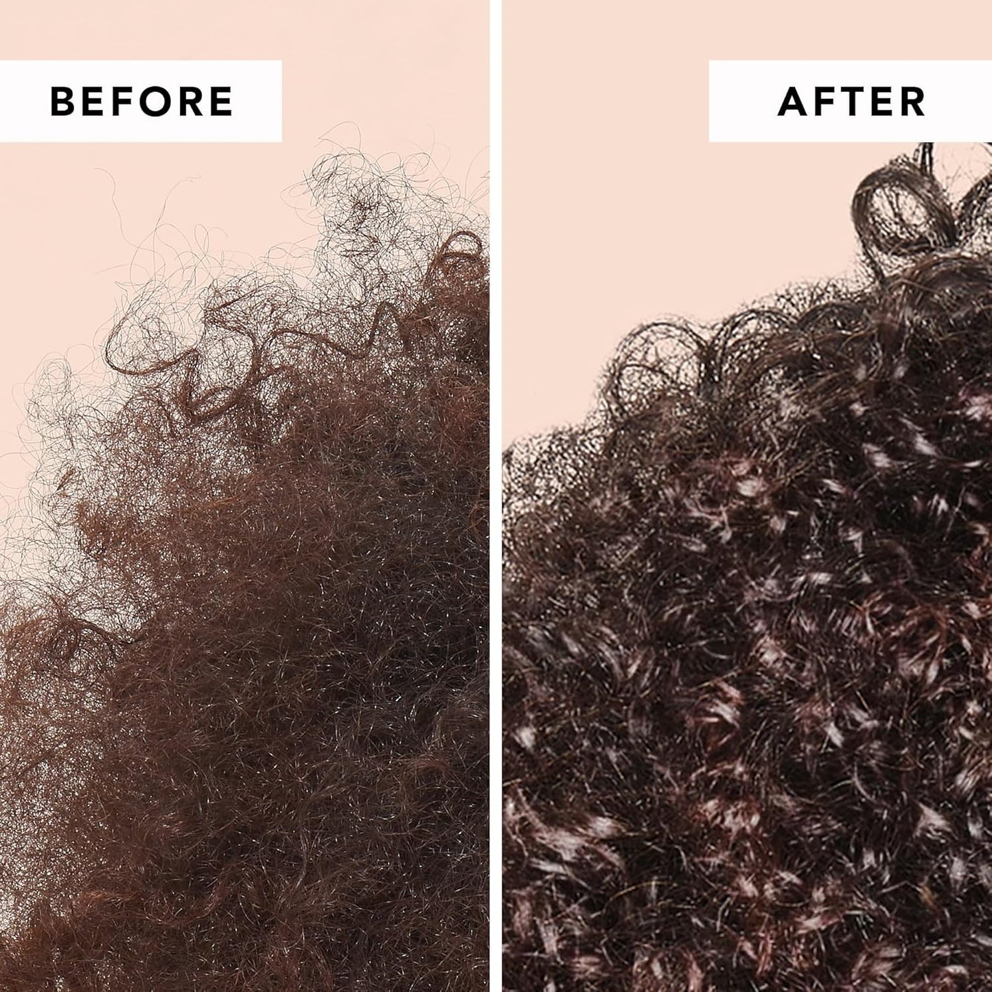 Before and after comparison of We Are Paradoxx hair texture on a pink background