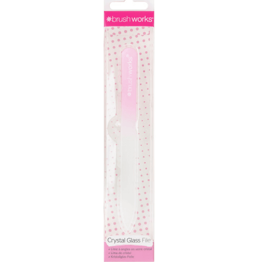 Brushworks Crystal Glass File in pink packaging, perfect for polishing natural and false nails with durability.
