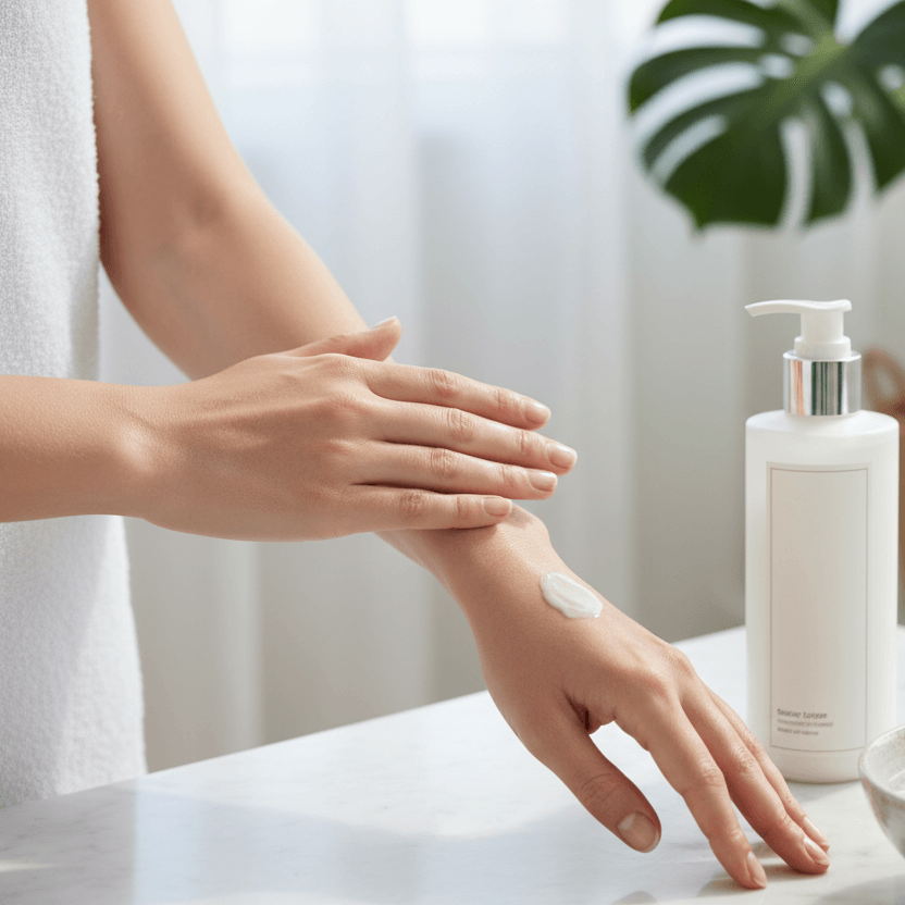 lady rubbing body lotion in a cool and relaxing envrionment. size image into square to fit product page