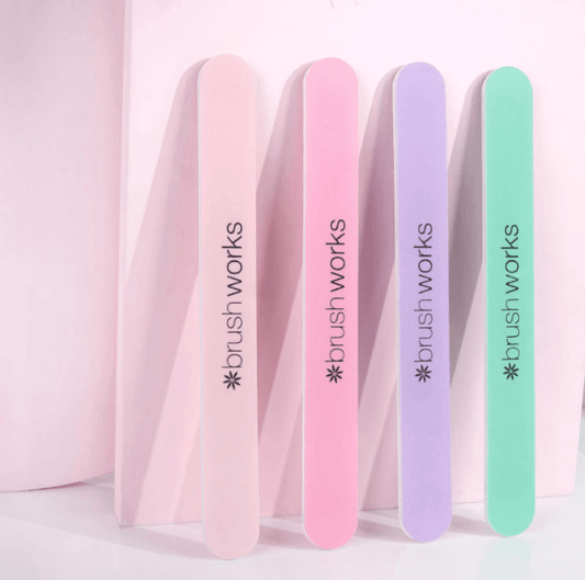 Brushworks pastel nail files in pink, purple, and green for easy shaping and smoothing of nails.
