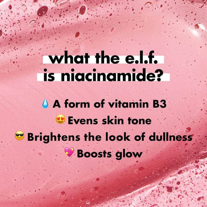 Infographic explaining niacinamide benefits: evens skin tone, brightens dullness, and boosts glow.