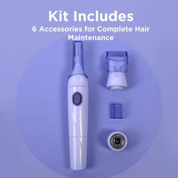 Wilkinson Sword Hair removal kit with multiple attachments on a purple background