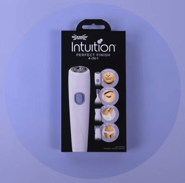 Wilkinson Sword Intuition Perfect Finish 4-in-1 packaging on a purple background