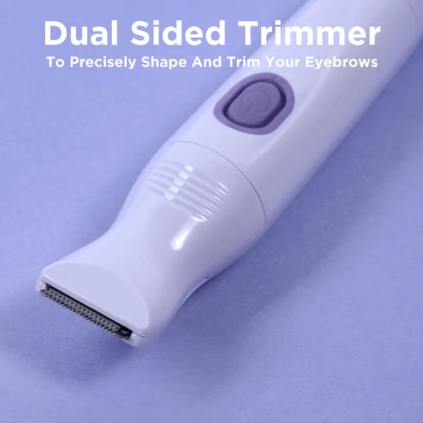 Wilkinson Sword Dual-sided eyebrow trimmer on a purple background with text.