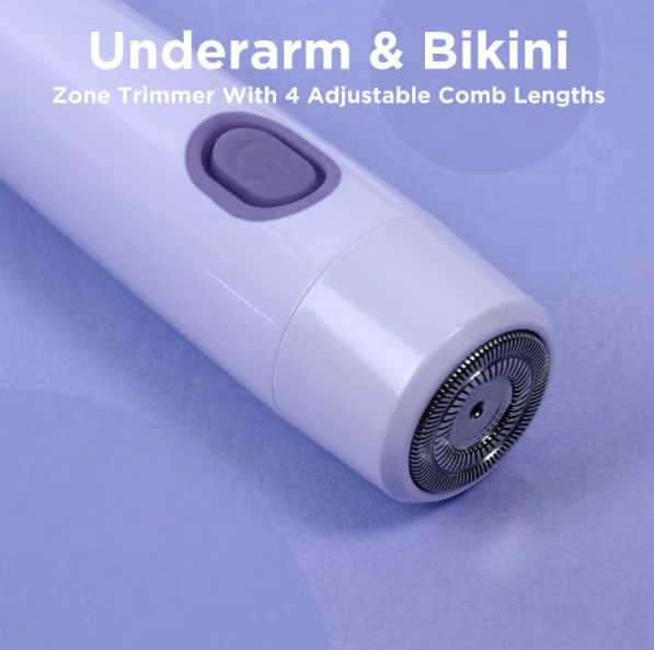Wilkinson Sword Underarm and bikini zone trimmer with adjustable comb lengths on a light purple background