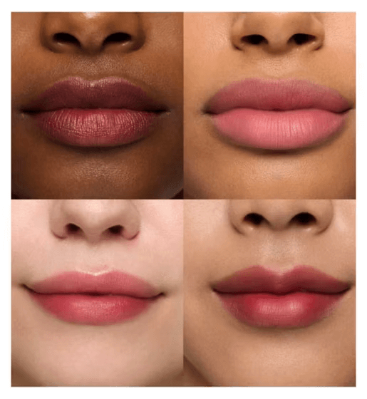 Four lip colors swatched on diverse lips showcasing Wonderskin Wonder Blading Lip Stain Masque.