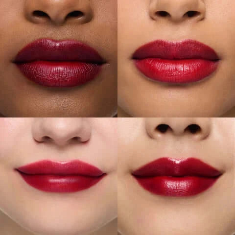 Four models showcasing different shades of Wonderskin Wonder Blading Lip Stain Masque on their lips.