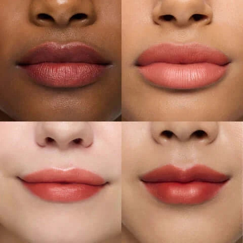 Four models showcasing different shades of Wonderskin Wonder Blading Lip Stain Masque on their lips.