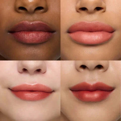 Four models showcasing different shades of Wonderskin Wonder Blading Lip Stain Masque on their lips.