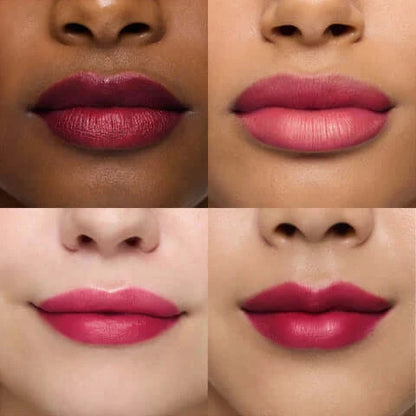 Close-up of four lip looks showcasing different shades of Wonderskin Wonder Blading Lip Stain Masque.