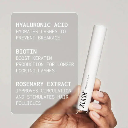 Hand holding a white XLash lash serum with text about ingredients on a gray background