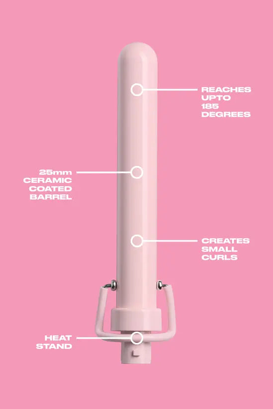 A pale pink hair curling iron shown on a solid pink background with white text callouts describing its features: reaching up to 185 degrees, a 25mm ceramic coated barrel, and creating small curls. A heat stand is visible at the base.