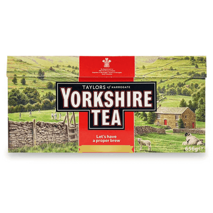Yorkshire Tea Bags packaging featuring scenic landscape and slogan 'Let's have a proper brew'.