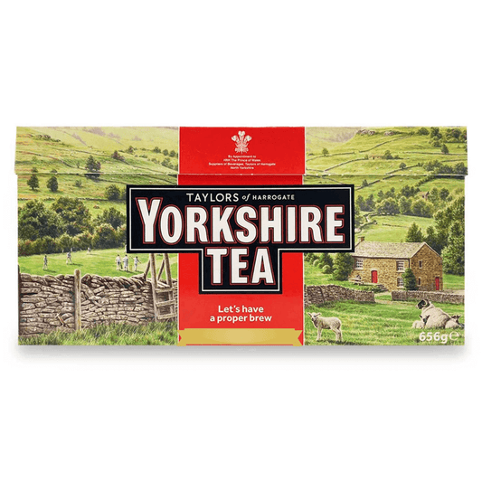 Yorkshire Tea Bags packaging featuring scenic landscape and slogan 'Let's have a proper brew'.