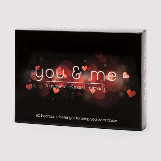 You & Me Card Game box featuring hearts, designed for love and intimacy with 90 bedroom challenges.