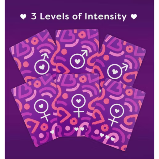 Four purple cards with gender symbols and heart shapes on a purple background, labeled '3 Levels of Intensity'.