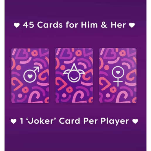 Card game packaging with three cards featuring symbols for 'Him', 'Her', and a 'Joker' on a purple background.