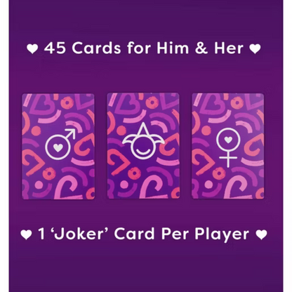 Card game packaging with three cards featuring symbols for 'Him', 'Her', and a 'Joker' on a purple background.