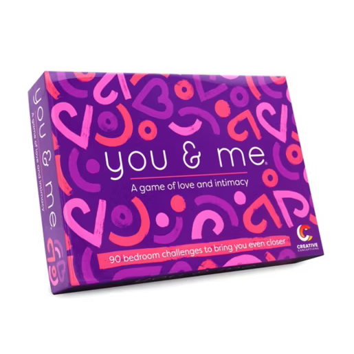 Board game box titled 'you & me' with colorful design on a white background