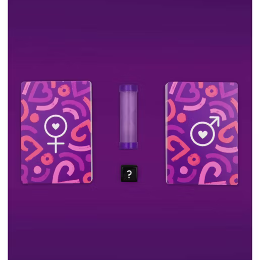 Two purple cards with gender symbols and a cylindrical object on a purple background