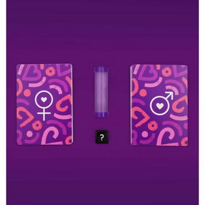 Two purple cards with gender symbols and a cylindrical object on a purple background