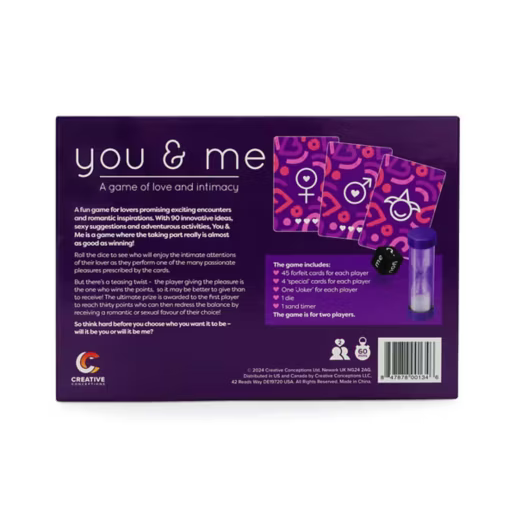 Back of a game box titled 'you & me' with purple design and text.