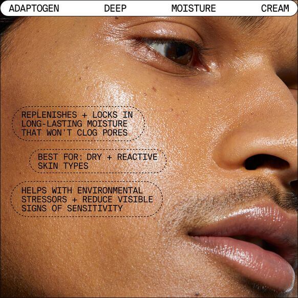 Close-up of male skin showcasing hydration benefits of Youth To The People Adaptogen Deep Moisture Cream.