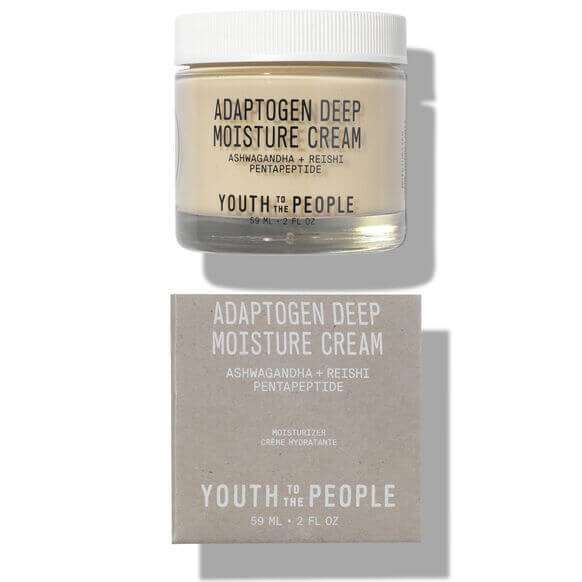 Youth To The People Adaptogen Deep Moisture Cream 59ml jar and box packaging, featuring ashwagandha and reishi ingredients.