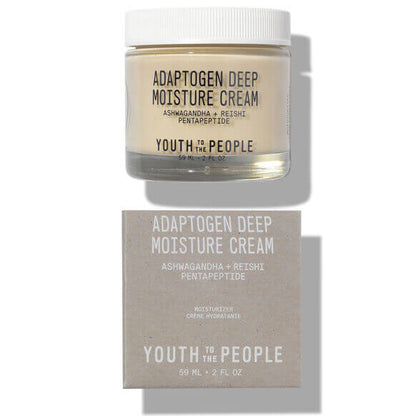 Youth To The People Adaptogen Deep Moisture Cream 59ml jar and box packaging, featuring ashwagandha and reishi ingredients.