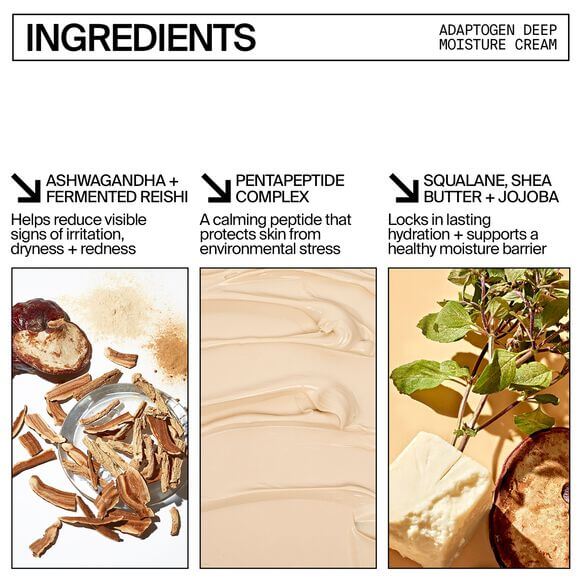 Ingredients of Youth To The People Adaptogen Deep Moisture Cream: Ashwagandha, Pentapeptide Complex, Squalane, Shea Butter, Jojoba.