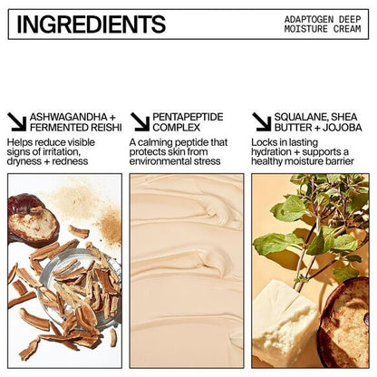 Ingredients of Youth To The People Adaptogen Deep Moisture Cream: Ashwagandha, Pentapeptide Complex, Squalane, Shea Butter, Jojoba.