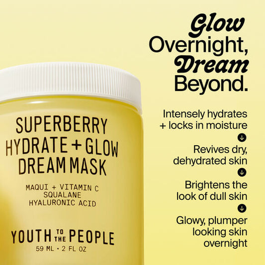 Youth To The People Superberry Hydrate + Glow Dream Mask 59ml promotes hydration and skin glow overnight.