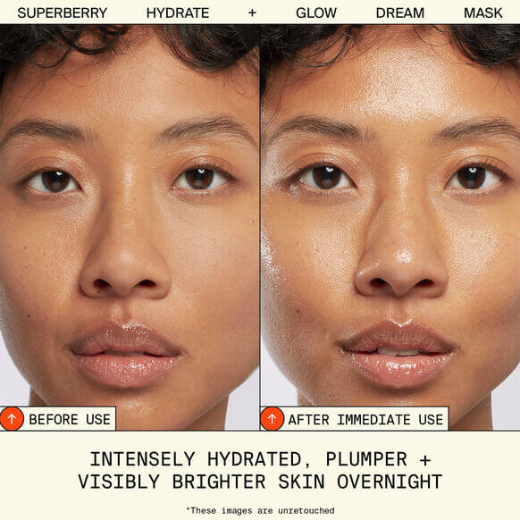 Before and after results showing intensely hydrated, plumper, and visibly brighter skin using Youth To The People mask.