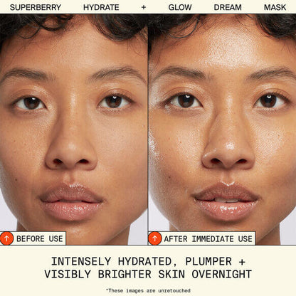 Before and after results showing intensely hydrated, plumper, and visibly brighter skin using Youth To The People mask.