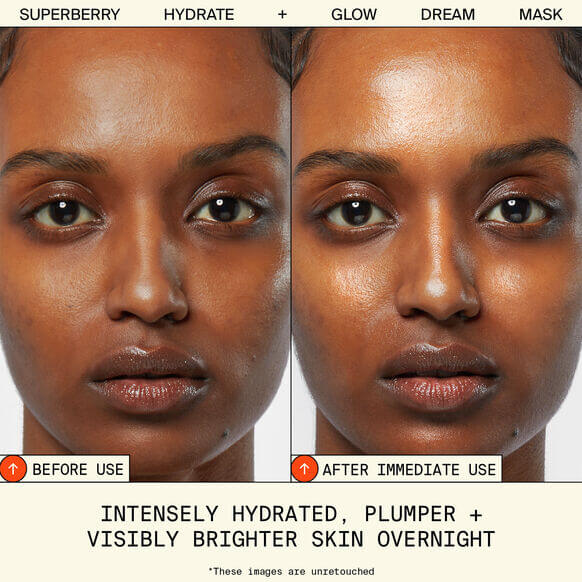 Before and after using Youth To The People Superberry Mask, showcasing hydrated, plumper, brighter skin overnight.